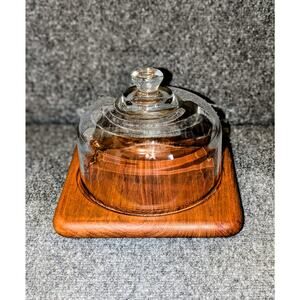 VTG 1970s Square Genuine Teak Wood Charcuterie Board W/ Glass Cloche